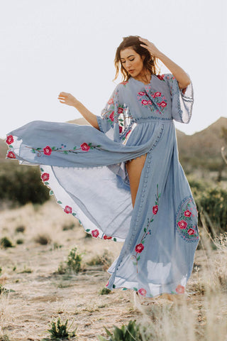 100% Cotton Retro Batwing-Sleeved Embroidered Bohemian MAXI Dress