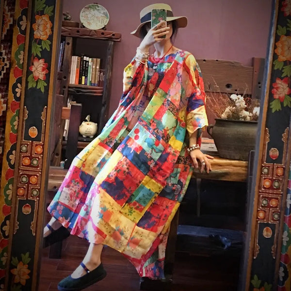 Bohemian Kaleidoscope Print Oversized Ramie Kaftan Dress