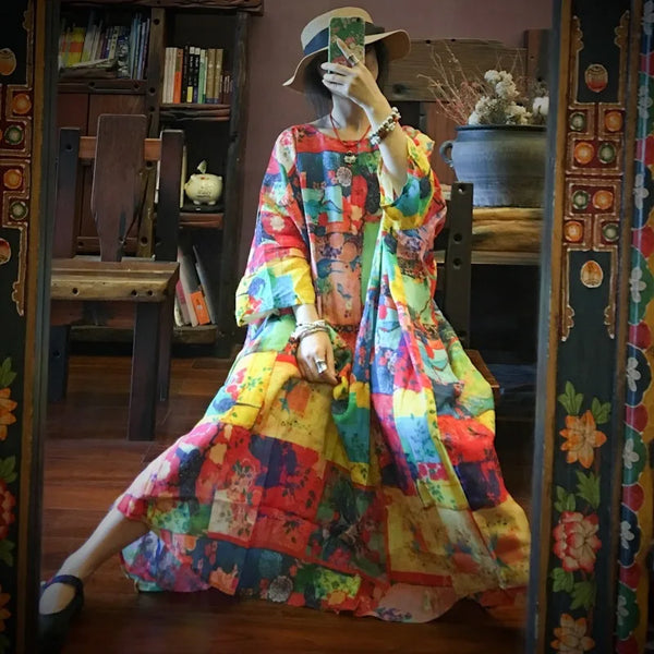 Bohemian Kaleidoscope Print Oversized Ramie Kaftan Dress