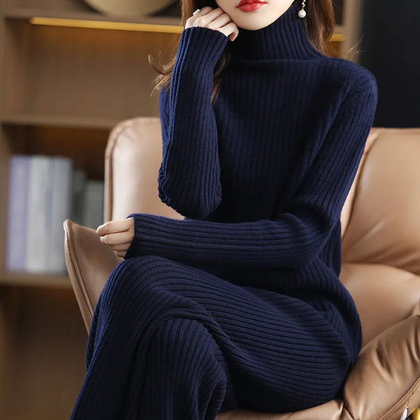 100% Wool Wide-Ribbed Sweater + Palazzo Pants Set