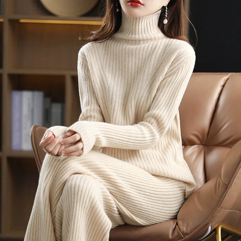 100% Wool Wide-Ribbed Sweater + Palazzo Pants Set