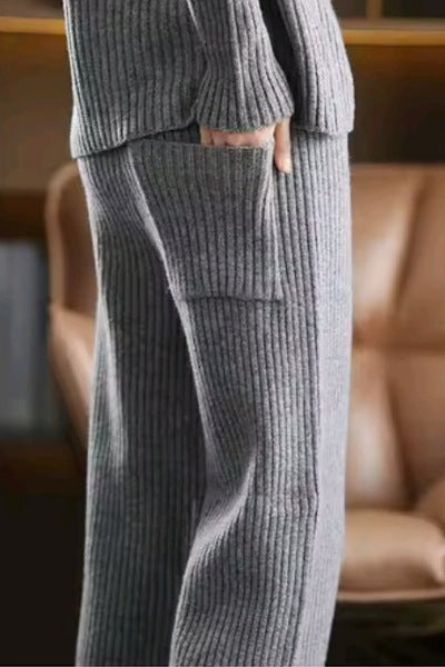 100% Wool Wide-Ribbed Sweater + Palazzo Pants Set
