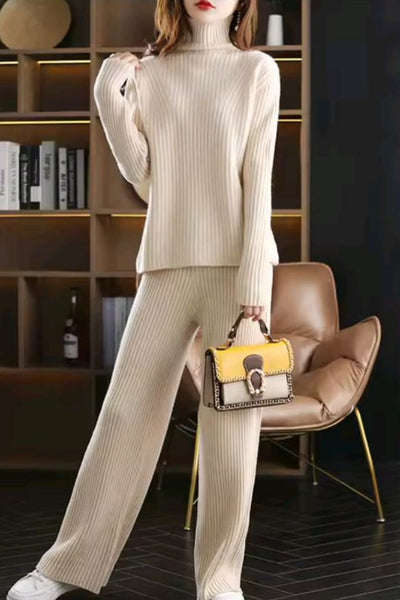 100% Wool Wide-Ribbed Sweater + Palazzo Pants Set