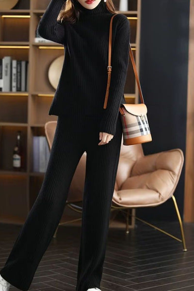 100% Wool Wide-Ribbed Sweater + Palazzo Pants Set