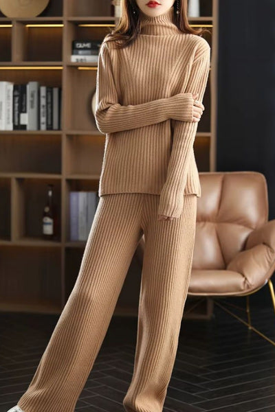 100% Wool Wide-Ribbed Sweater + Palazzo Pants Set