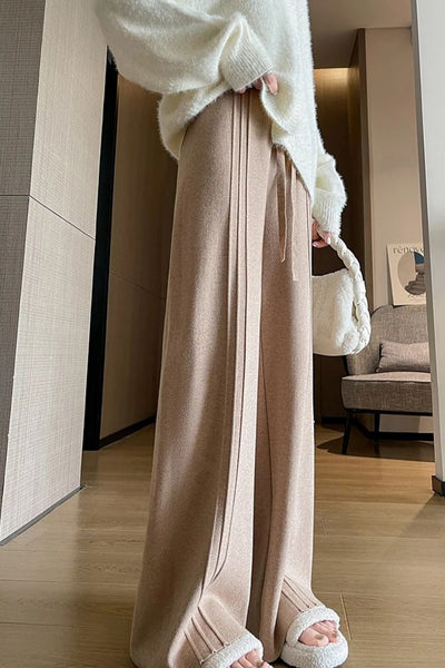 Wool-Blend Pleated Thick-Knit MAXI Palazzo Pants