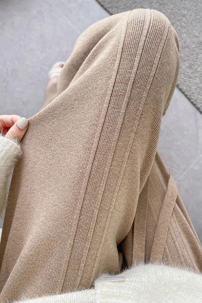 Wool-Blend Pleated Thick-Knit MAXI Palazzo Pants