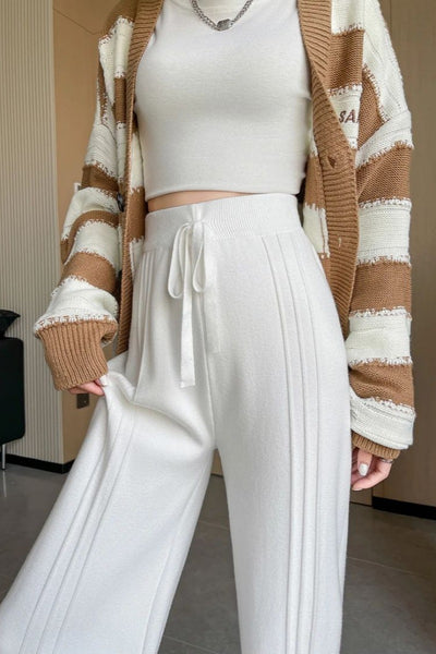 Wool-Blend Pleated Thick-Knit MAXI Palazzo Pants
