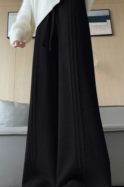 Wool-Blend Pleated Thick-Knit MAXI Palazzo Pants