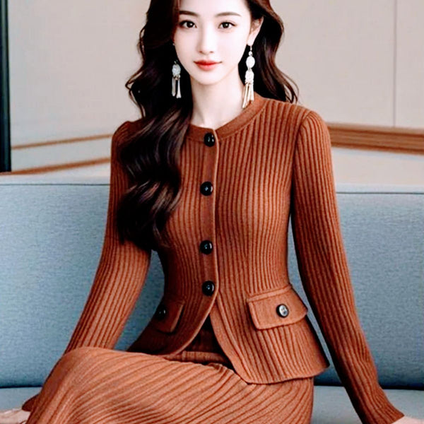 Elegant 2-Piece Ribbed Wool Cardigan +Knit MAXI Skirt Set