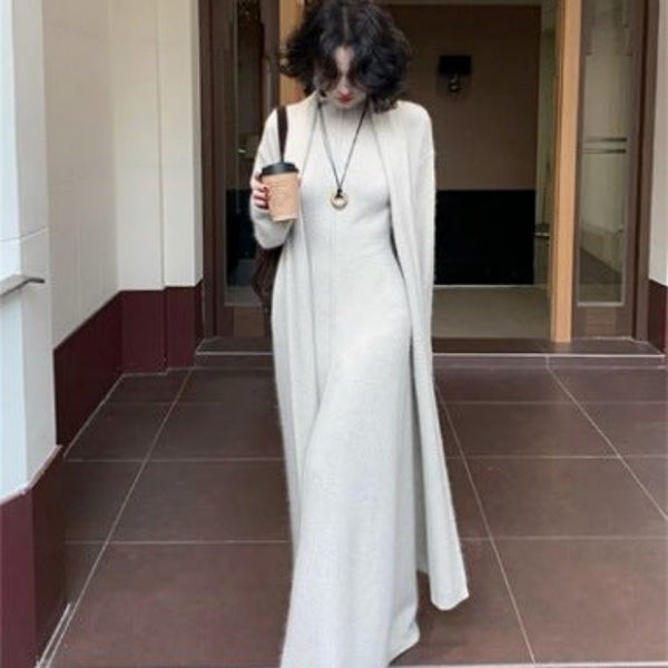 2 Piece Sleek Vintage Cotton Blend Cardigan+ A-Line MAXI Dress Set