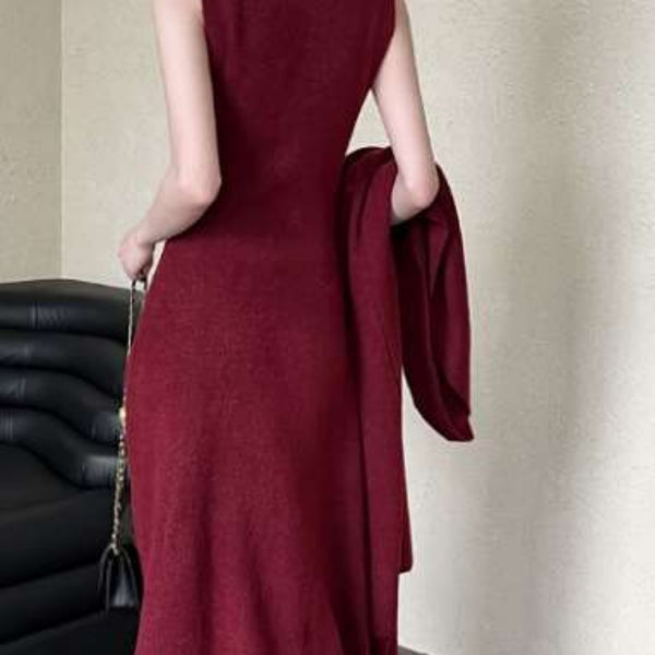 2 Piece Sleek Vintage Cotton Blend Cardigan+ A-Line MAXI Dress Set