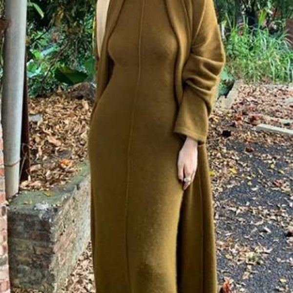 2 Piece Sleek Vintage Cotton Blend Cardigan+ A-Line MAXI Dress Set