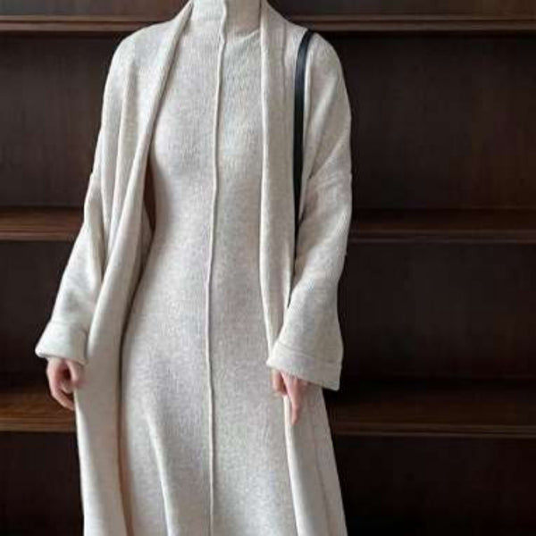 2 Piece Sleek Vintage Cotton Blend Cardigan+ A-Line MAXI Dress Set