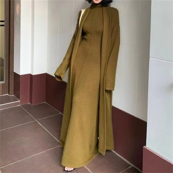 2 Piece Sleek Vintage Cotton Blend Cardigan+ A-Line MAXI Dress Set