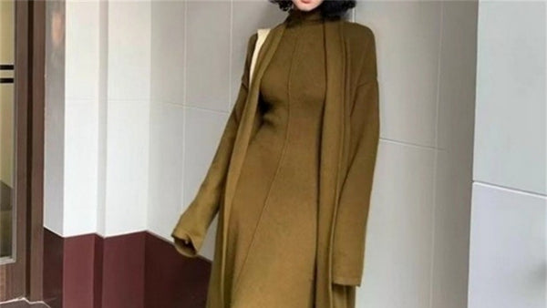 2 Piece Sleek Vintage Cotton Blend Cardigan+ A-Line MAXI Dress Set