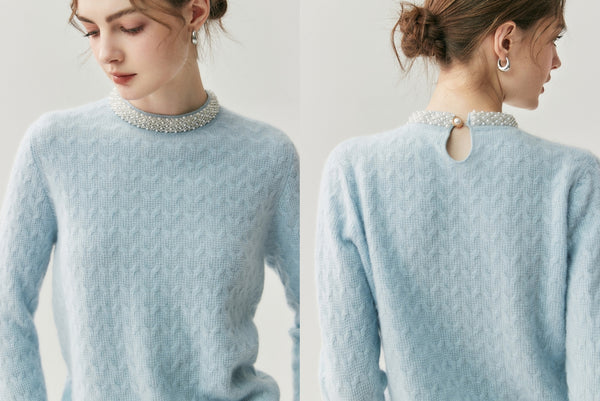 Classic French Minimalist 100% Cashmere Beaded Cable Knit Sweater