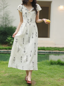 Minimalist Linen Blend A-Line Embroidered French Floral MIDI Dress