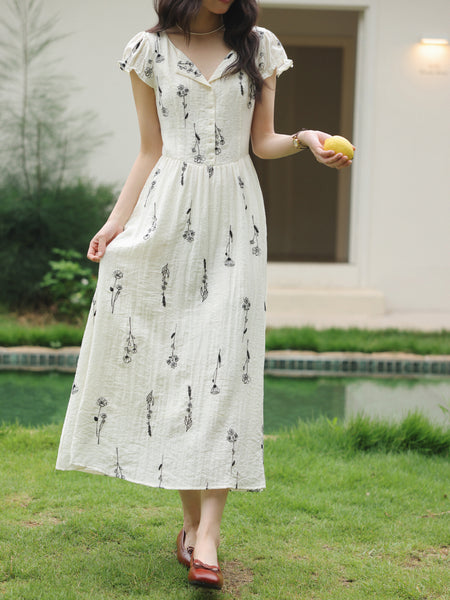 Minimalist Linen Blend A-Line Embroidered French Floral MIDI Dress