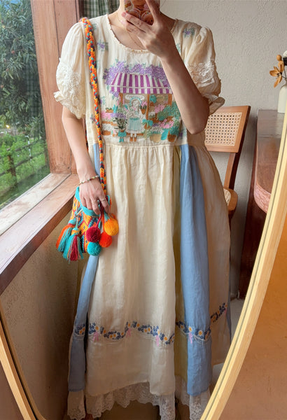 Exquisitely Embroidered Quirky A-Line Ramie+Linen  MIDI Dress