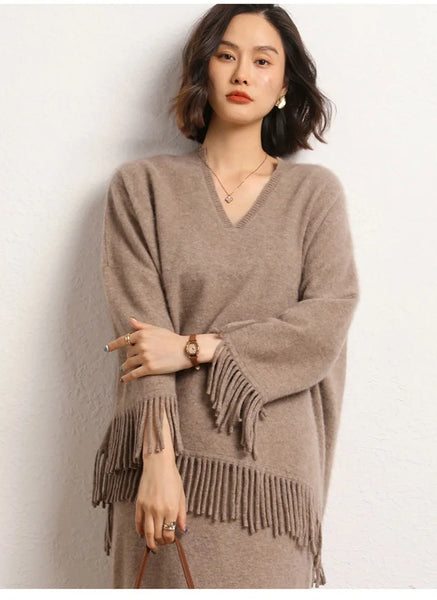 Roomy 2 Piece 100% Cashmere Tasseled Bohemian Sweater+MIDI Skirt Set