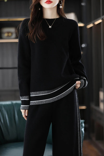Elegant Ultra Soft 100% Merino Wool Pullover Sweater+Palazzo Pants Set