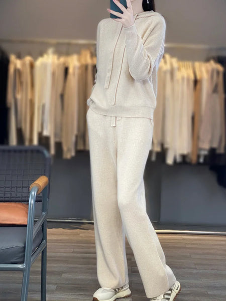 2 Piece 100%Australian Wool Hoodie + Palazzo Pants Set