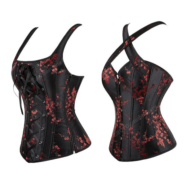 Retro Steel-Boned Overbust Floral Jacquard Halter Top Corset