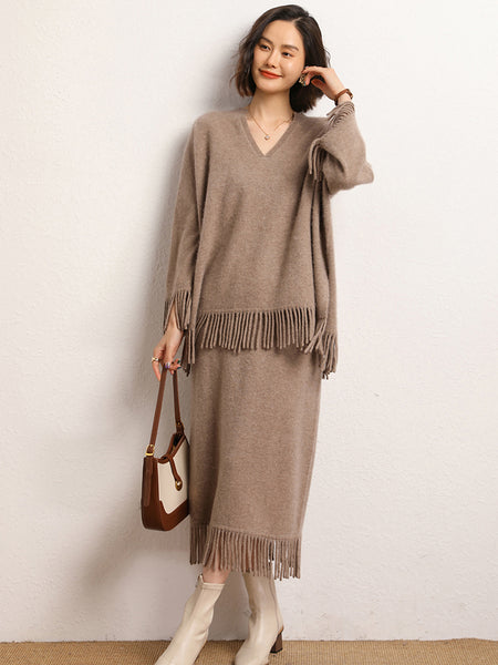 Roomy 2 Piece 100% Cashmere Tasseled Bohemian Sweater+MIDI Skirt Set