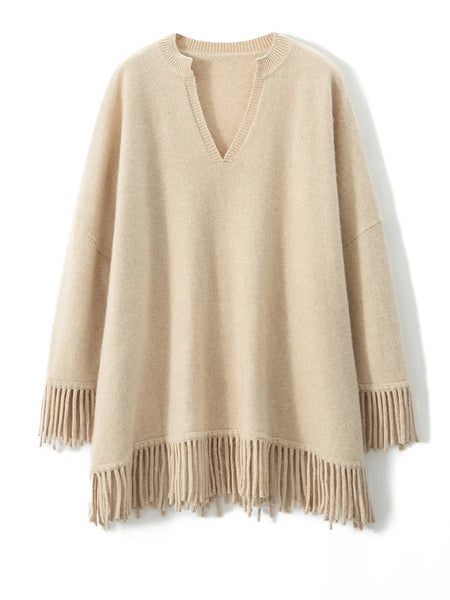 Roomy 2 Piece 100% Cashmere Tasseled Bohemian Sweater+MIDI Skirt Set