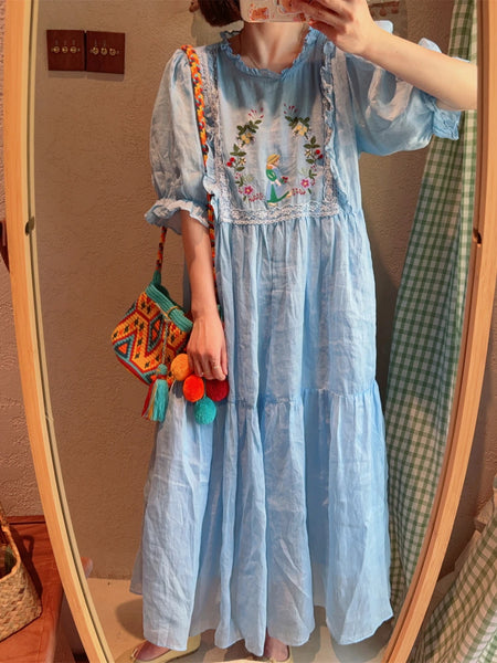 Elegant Upscale Embroidered 100% Ramie A-Line MIDI Dress