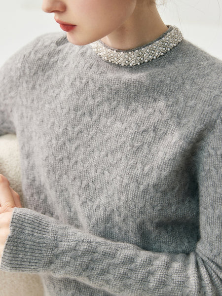 Classic French Minimalist 100% Cashmere Beaded Cable Knit Sweater