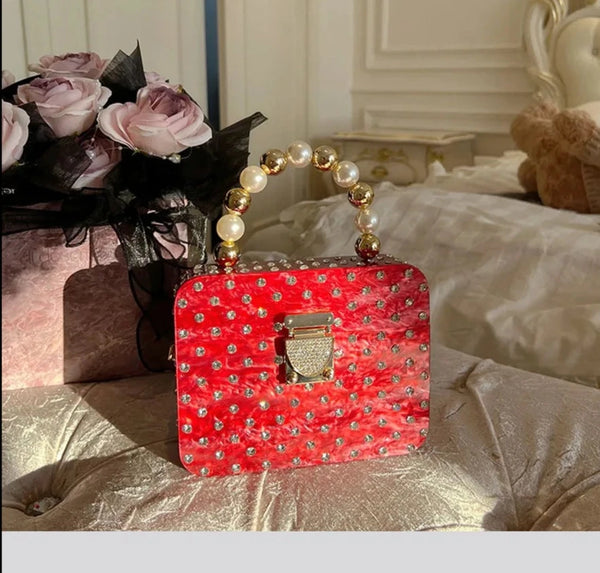 Avant Garde Bejeweled Acrylic Box-Shaped Pearl-Handled Clutch Handbag