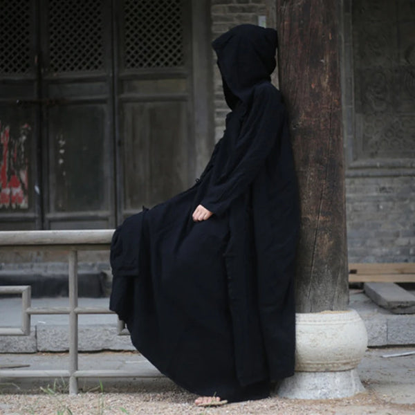 Mysterious Cotton Linen Hooded Full Length Trenchcoat