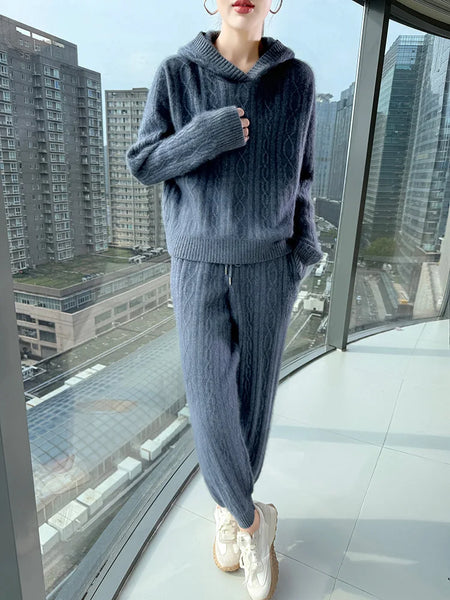 Super Thick Warm 2 Piece 100% Wool Hoodie+Pencil Pants Set