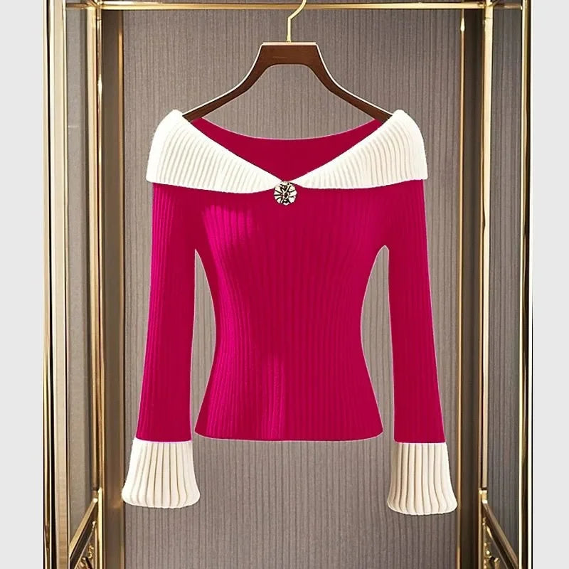 Sexy Elegant Color Blocked Pullover Knit Sweater