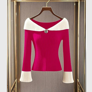 Sexy Elegant Color Blocked Pullover Knit Sweater