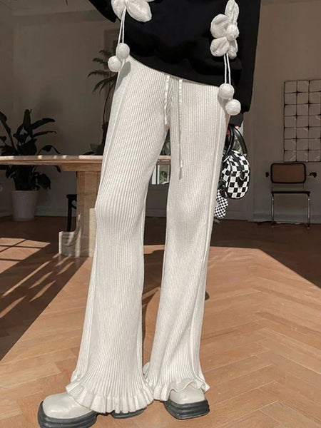 Funky Ribbed Knit Cotton Blend Flared Palazzo Winter Pants - Wigging It Etc