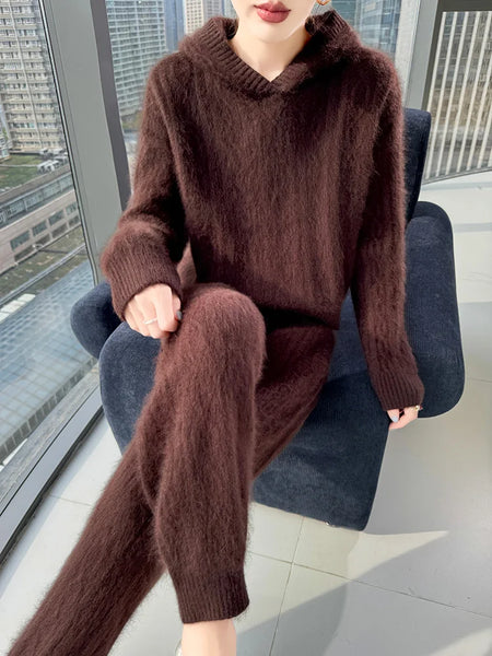 Super Thick Warm 2 Piece 100% Wool Hoodie+Pencil Pants Set