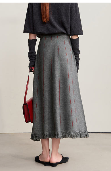 Elegant Minimalist Tassel Hemmed Warm Wool Blend A A-LineWinter MAXI Skirt