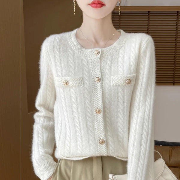 100% Merino Wool Buttoned Chanel Style Cable Knit Cardigan