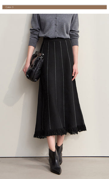Elegant Minimalist Tassel Hemmed Warm Wool Blend A A-LineWinter MAXI Skirt