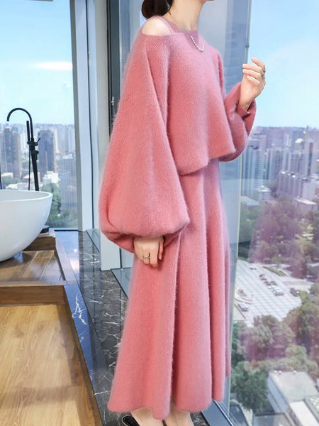 Vintage Plush 100% Mink Cashmere A-Line Dress+Cropped Sweater Set