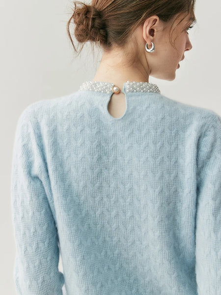 Classic French Minimalist 100% Cashmere Beaded Cable Knit Sweater