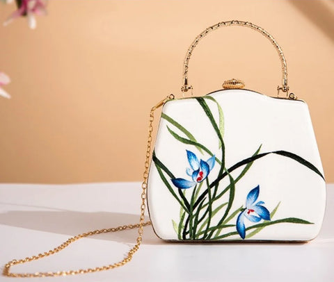 Upscale Silky Vintage Embroidered Floral Chain Strap Mini Shoulder Bag