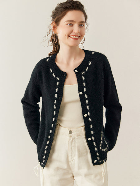 100% Cashmere String-Piped Densely Knit Warm Cardigan