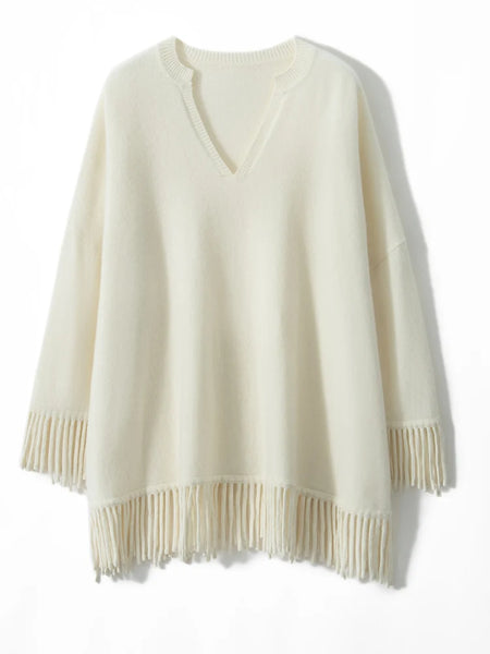 Roomy 2 Piece 100% Cashmere Tasseled Bohemian Sweater+MIDI Skirt Set