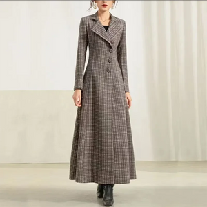 Sleek Uptown Retro A-Line Single Breasted English Plaid MAXI Overcoat 