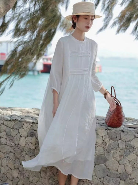 100% Ramie Pleated Double Layer Lace-Up MAXI Dress
