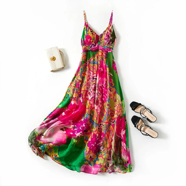 Flirty Elegant 100% Mulberry Silk Floral Print Dress